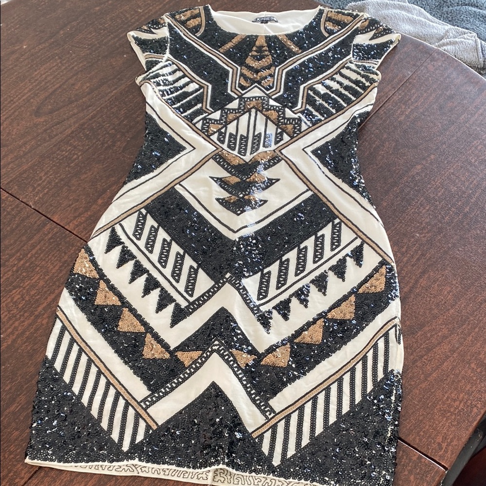 Express Black and Gold Sequin Sheath Mini Dress